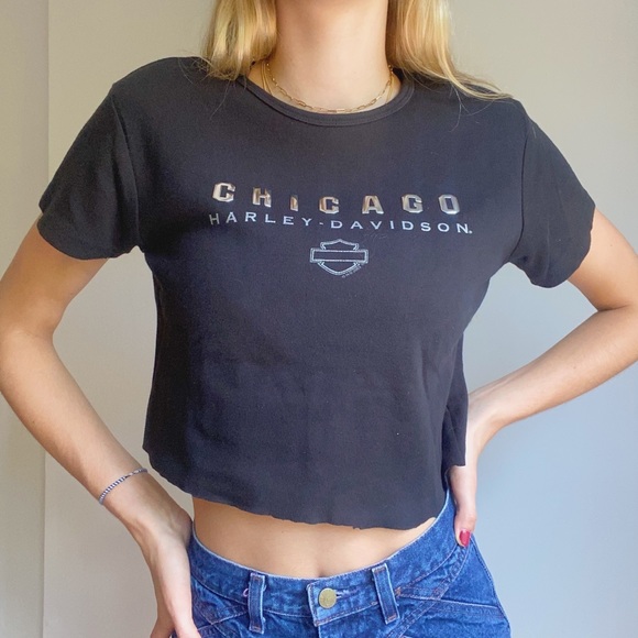Harley Davidson Chicago Cropped Black Tee - Picture 3 of 5